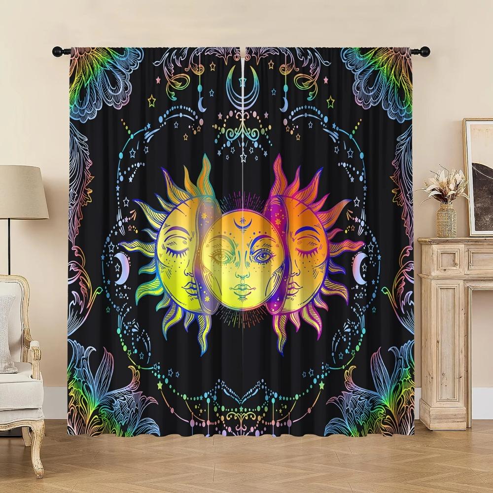 2pc Drapes Ebony Sun Face Printed Drape , Rod Pocket Drapes Ideal for Kitchen Cafe Livingroom Space Household Decoration Windowpane Shadecortinas
