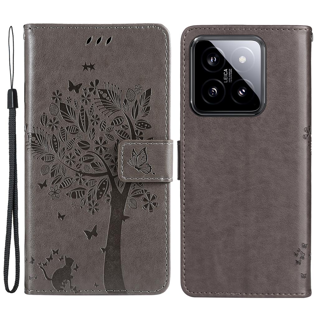 For Xiaomi 14 Phone Case with Stand Cat Tree Pattern Leather Wallet Mobile Cover