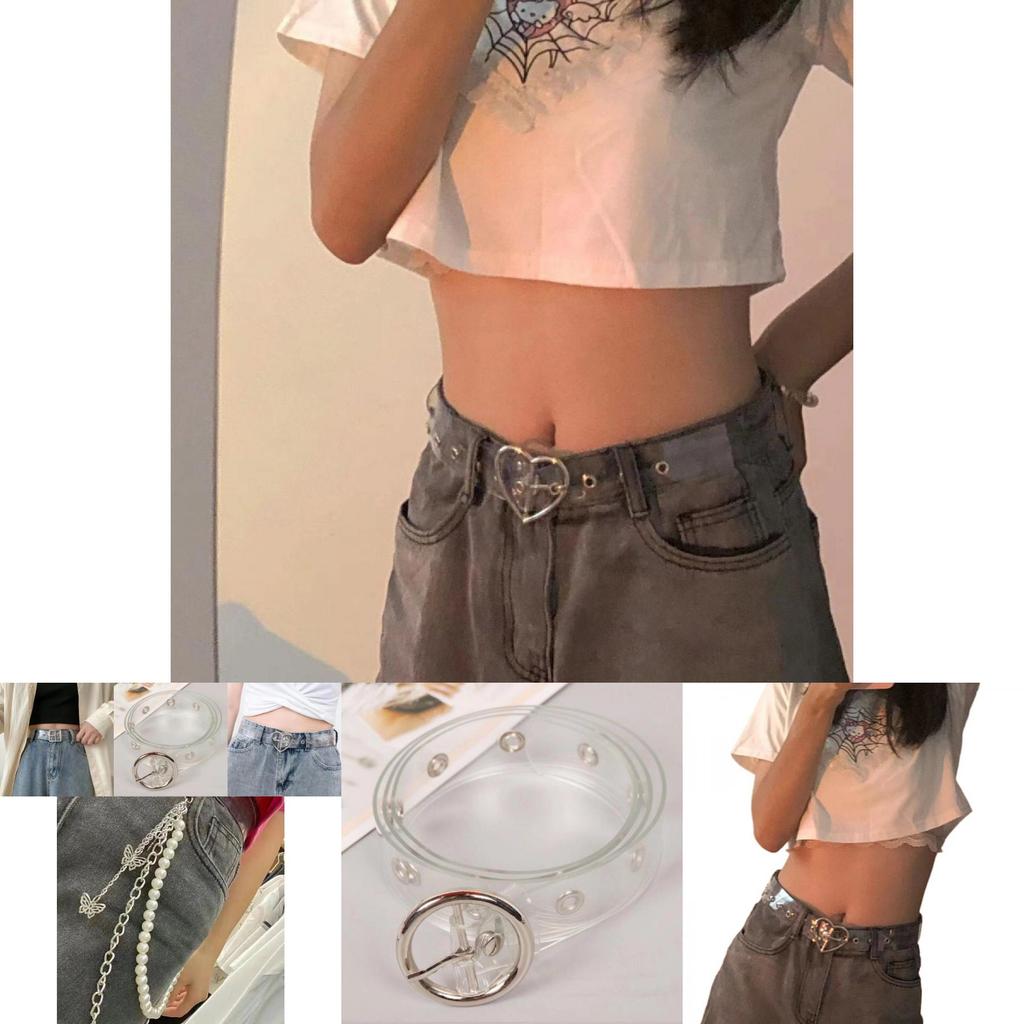 Stylish Transparent Heart Double Row Waist Belt Accessory For Denim Jeans And Outfits With Butterfly Pearl Decoration