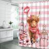 Cute Cow Extra Long Shower Curtain,Funny Highland Cow Eiffel Towel Pink White Geometric Striped Bathroom Home Curtain Decor