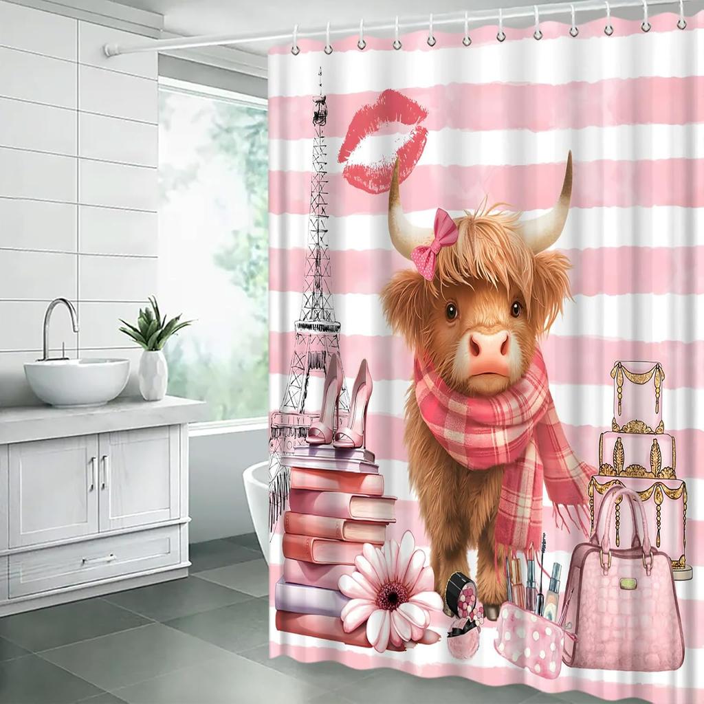 Cute Cow Extra Long Shower Curtain,Funny Highland Cow Eiffel Towel Pink White Geometric Striped Bathroom Home Curtain Decor