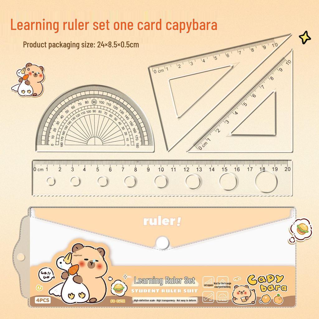 Capybara Cartoon Ruler Set: 4-Piece School Set with Protractor, Set Square, and Straight Ruler for Kids