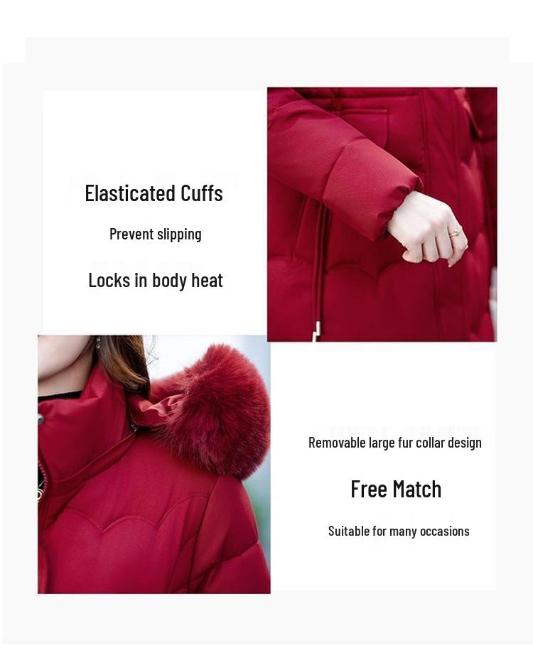 Women's Mid-Length Winter Fur Collar Hooded Cotton Jacket - Fashionable Slimming Warmth