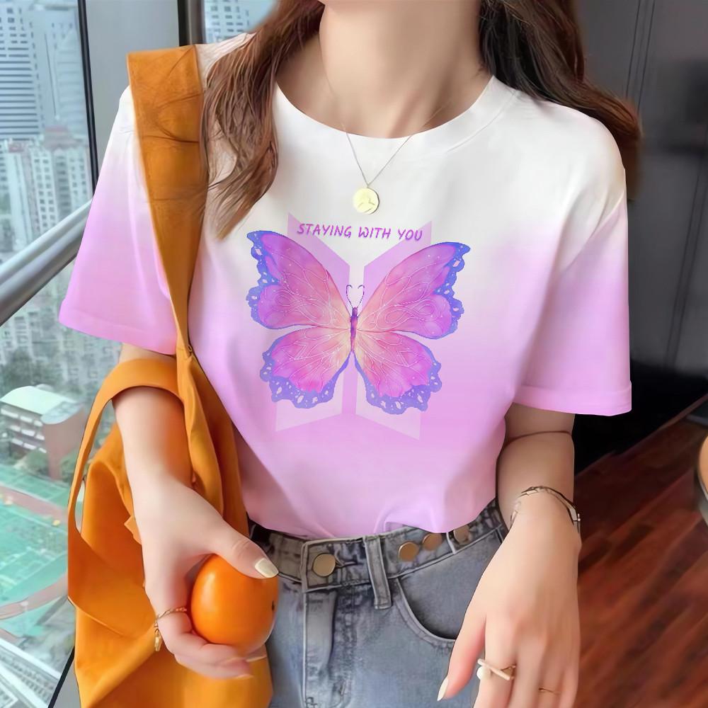 Printed 3D butterfly print women's round neck short sleeved T-shirt casual fashion top