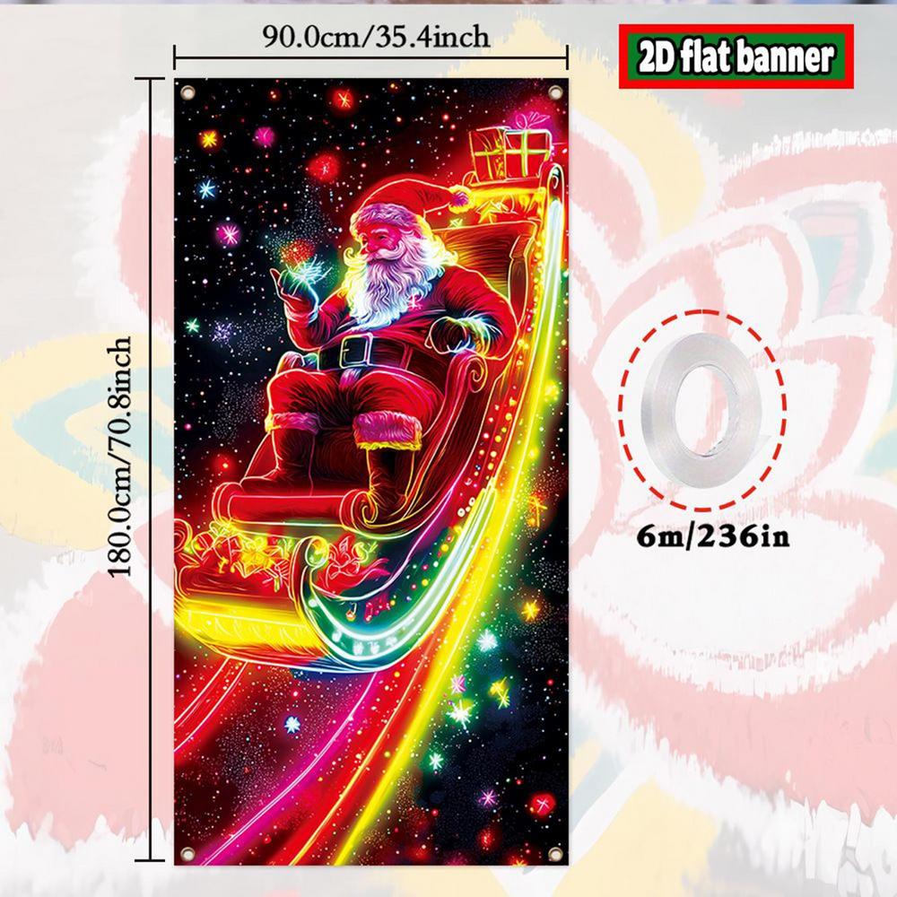 Santa Front Door Cover 3x6ft UV Fluorescent Christmas Decorations Front Door Holiday Background For Garage Porch Entrance
