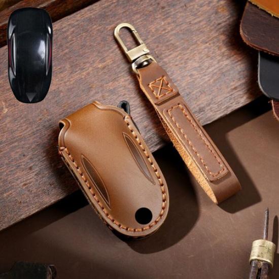 Genuine Leather Car Remote Key Fob Case Cover Keychain For Tesla Model S Model 3