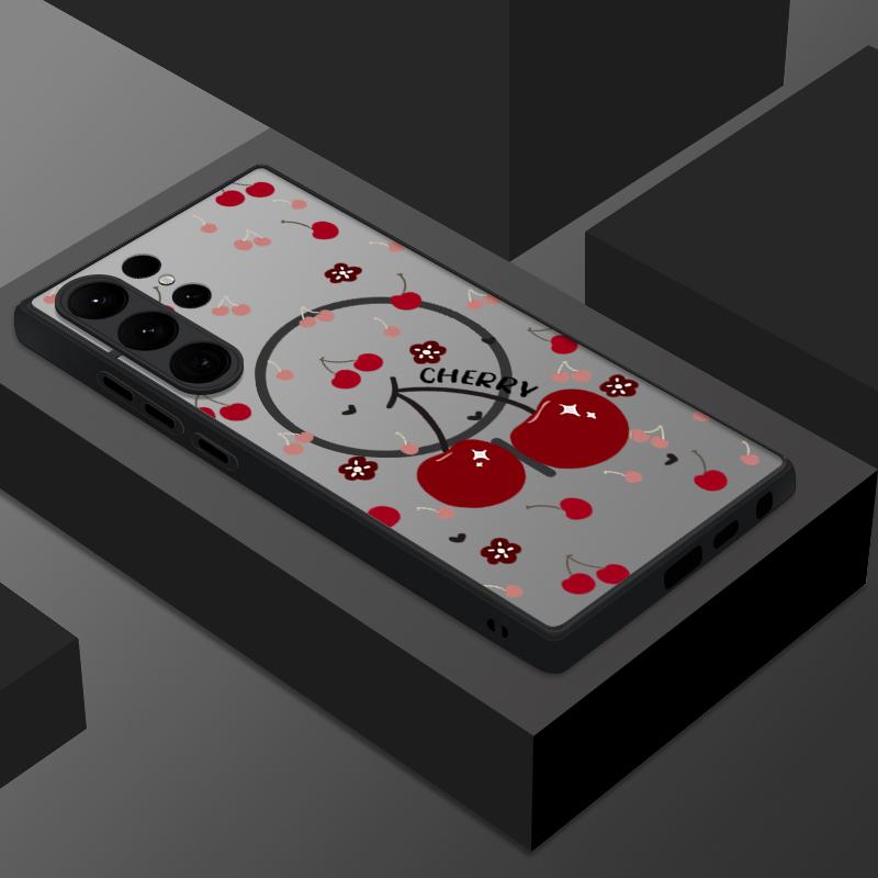 Magnetic Red Cherry Pattern Case For Samsung Galaxy S25 Edge S24 S23 S22 Ultra Plus S21 S24 FE For Magsafe Matte Hard PC Cover