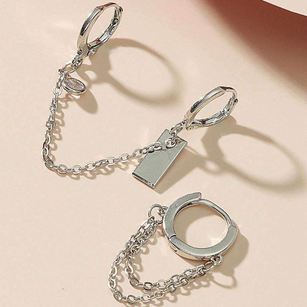 1 Pair of Fashionable Retro Round Chain Earrings and Ear Clips, Paired with Cool and Simple Hip-hop Style, Asymmetrical Earrings