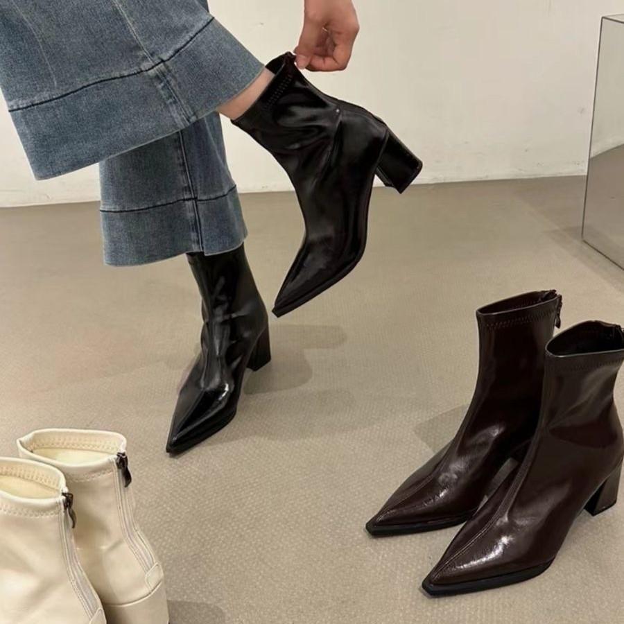 Women's Heel and High Heel Martin Boots Mid-Pointed Boots Seasonal Thick Heel Short Boots Women's Rear Zip Bare Boots