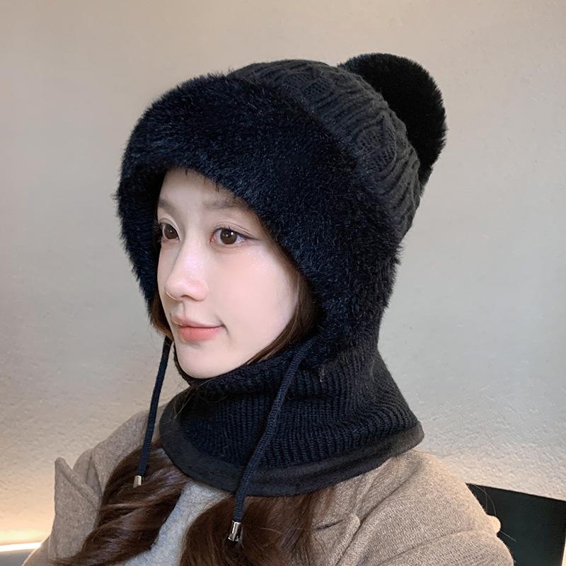 New Velvet Thick One-piece Hat Women's Winter Scarf Integrated Knitted Hat Outdoor Wind and Cold Warm Cycling Ear Hat