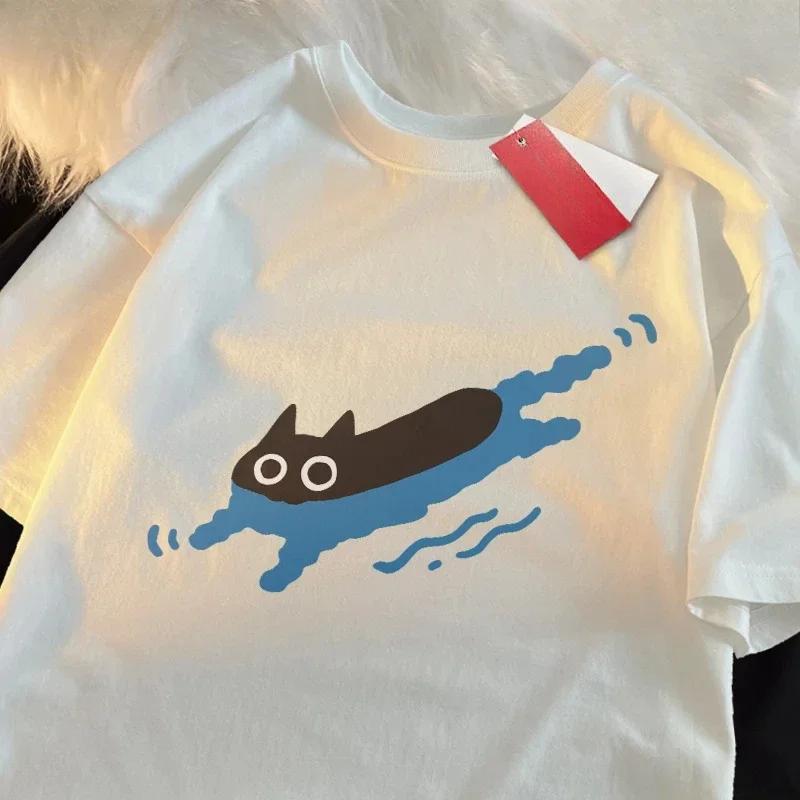 

Couple Swimming T-shirt Black Cat Diving Shoulder T-shirt Men and Women Breathing Daily Clean Loose Top Fashion 2025 New 4XL