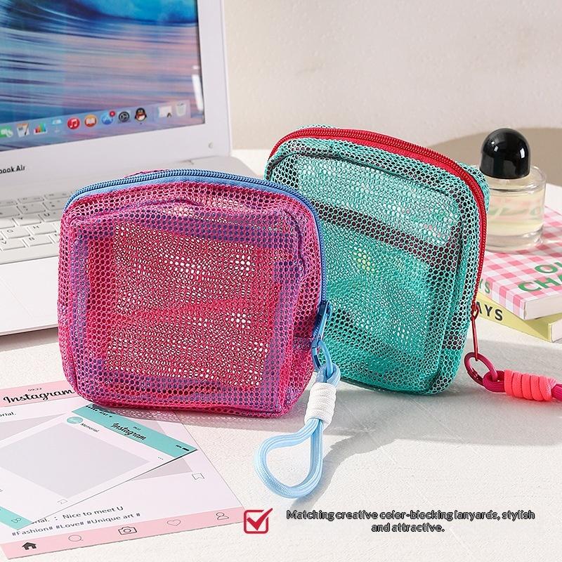 Candy Color Square Mesh Cosmetic Organization Storage Bag With Zipper Portable Sundries Pouch For Travel With Rope 1Pc