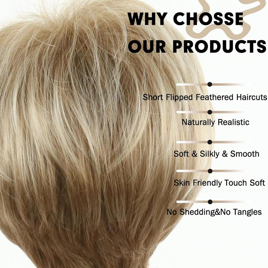 Short Mixed Golden Brown Blonde Wig with Bangs for Women Fluffy Layered Synthetic Hair Daily Party Cosplay Use Heat Resistant Fiber