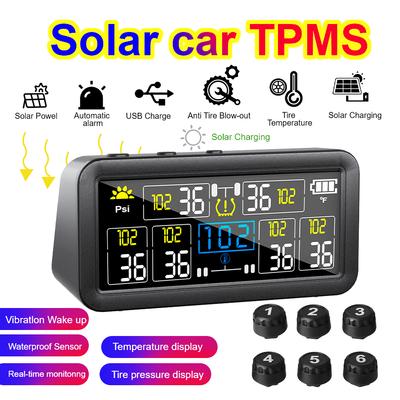 4/6 External Sensors Solar TPMS Car Tire Pressure Alarm Waterproof Tire Pressure Temperature Warning Digital LCD Display 0~9.9Bar Truck RV
