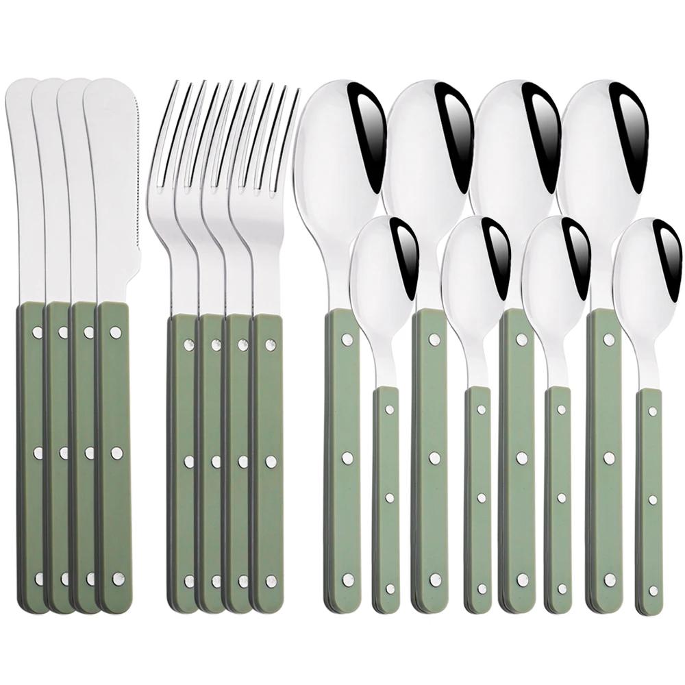 Beige Silver 4/16Pcs Dinnerware Acrylic Handle Knife Fork Spoon Set Stainless Steels Cutlery Set Western Dinner Kitchen Flatware