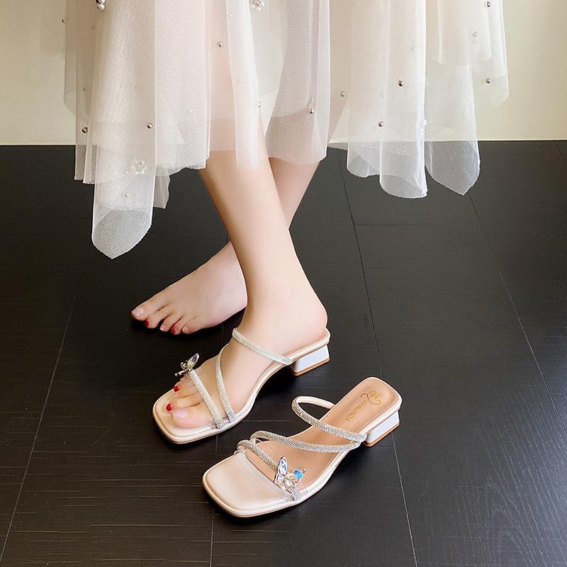French Crystal Thick-heeled Slippers Women's Outer Wear 2025 Summer New Rhinestone Bow Fairy Style One-word High-heeled Sandals