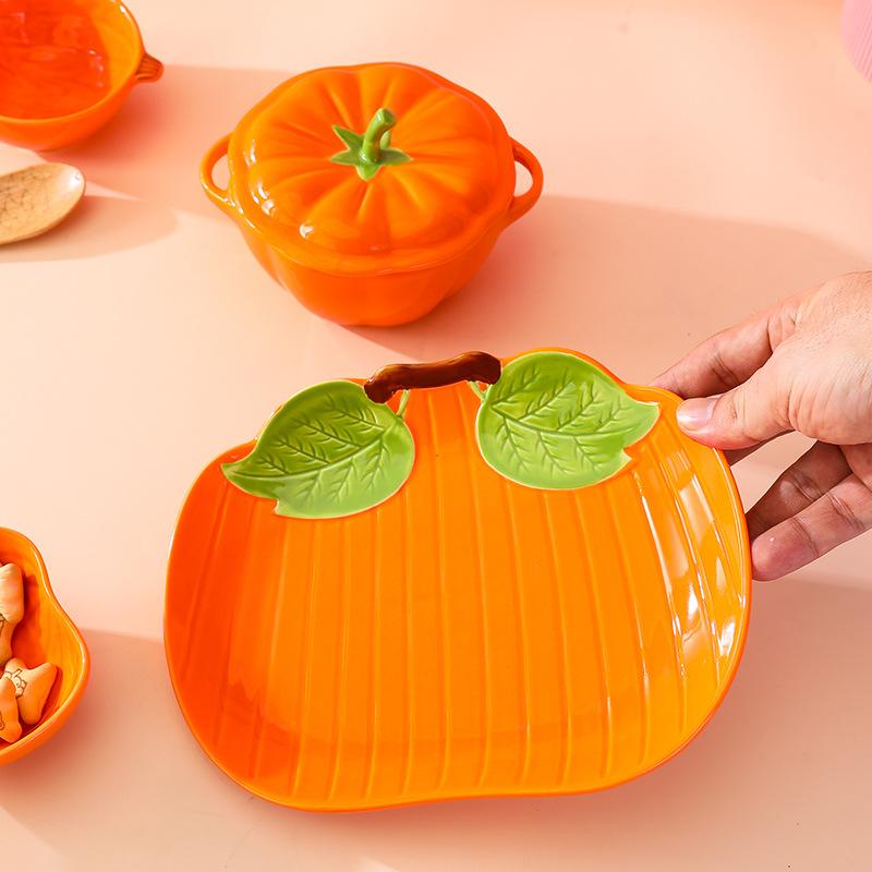 Creative Ceramic Pumpkin Fruit Tableware Household Children'S Steamed Egg Bowl With Lid Binaural Dessert Salad Dish Combination