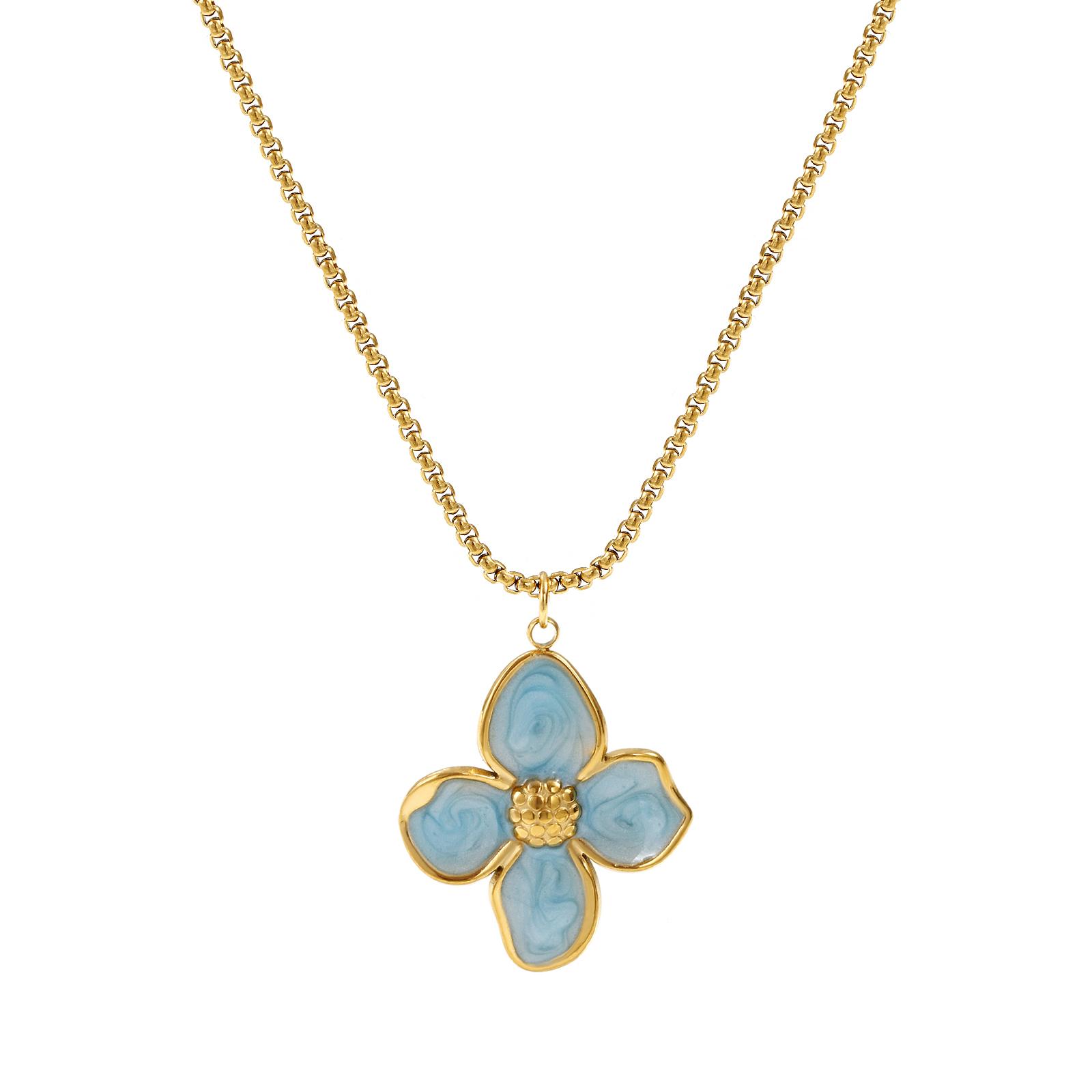 

304 Stainless Steel Necklace 18K Gold Plated Box Chain Flower Pendant Charm Necklace For Women Enamel Gift 45cm(17.7 ) + 5cm(2 ) синій
