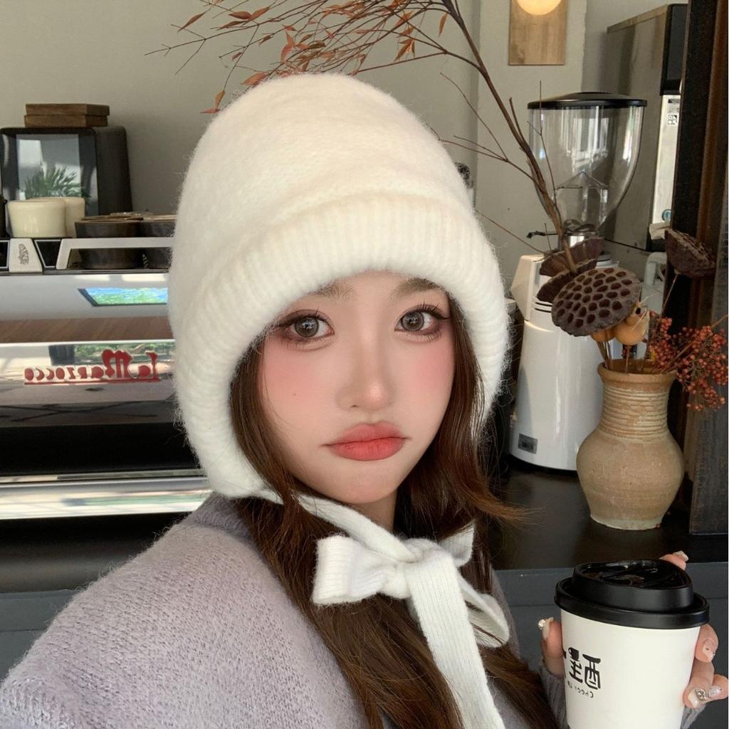 Balaclava hat women's red autumn and winter warm versatile face small solid color knitted wool ear hat