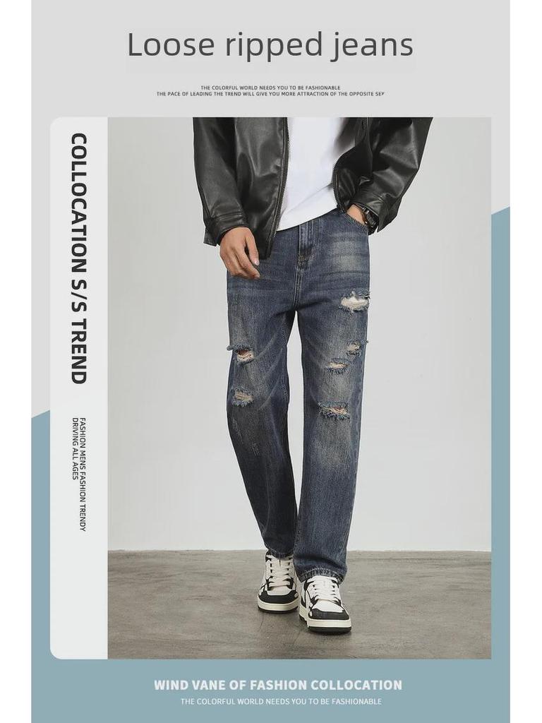 Jeans da uomo alla moda effetto used a nove punti: Casual, Strappato, Ampio, Vestibilità Affusolata per Primavera & Autunno