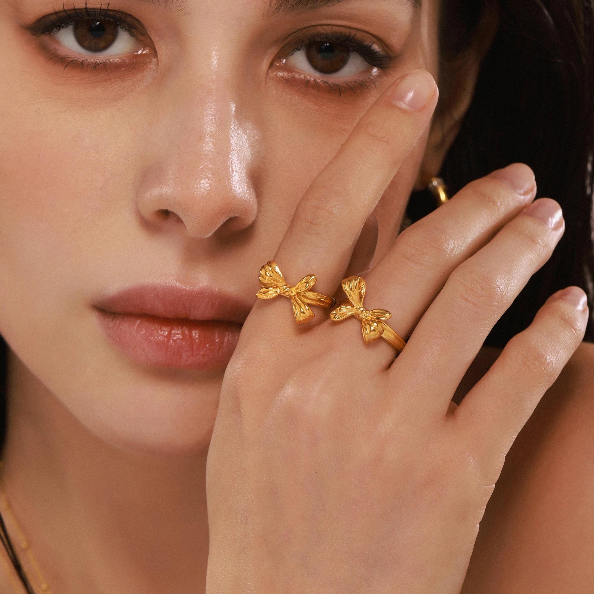 

Fashion Gold Plated Bowknot Waterproof Open Rings For Women Stainless Steel Finger Ring Female Charm Jewelry Gift Accessories
