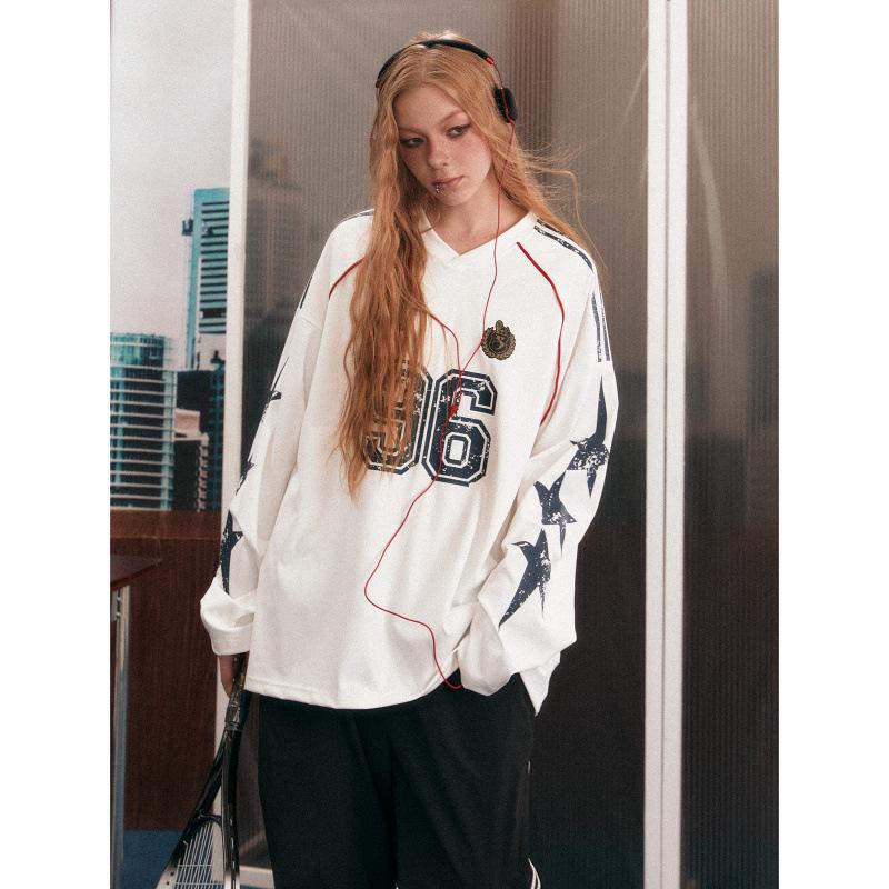 

Женский свитшот EZEK с принтом звезд, в стиле ретро, пэчворк, с V-образным вырезом - Свободный крой для весны и осени 2XL белый