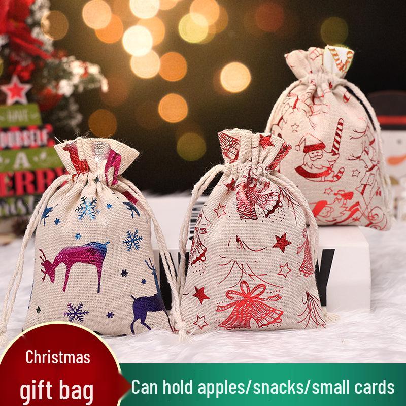 Christmas Gold Foil Cotton Linen Drawstring Gift Bag for Candy