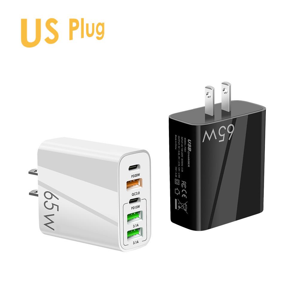 Dual Type-C & Triple USB Multi-Port Charger QC3.0 + PD, 65W Fast Charger for Mobile Phone.