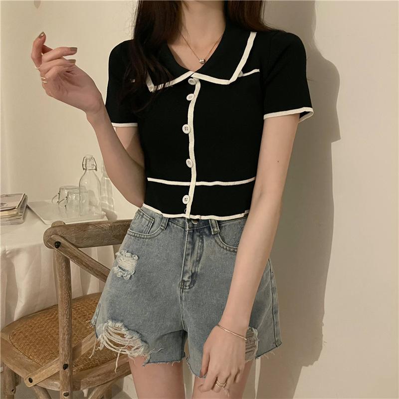 Summer New Loose Ice Silk Short-sleeved T-shirt Women Design Sense High Waist Short Shirt Polo Shirt Blouse Women
