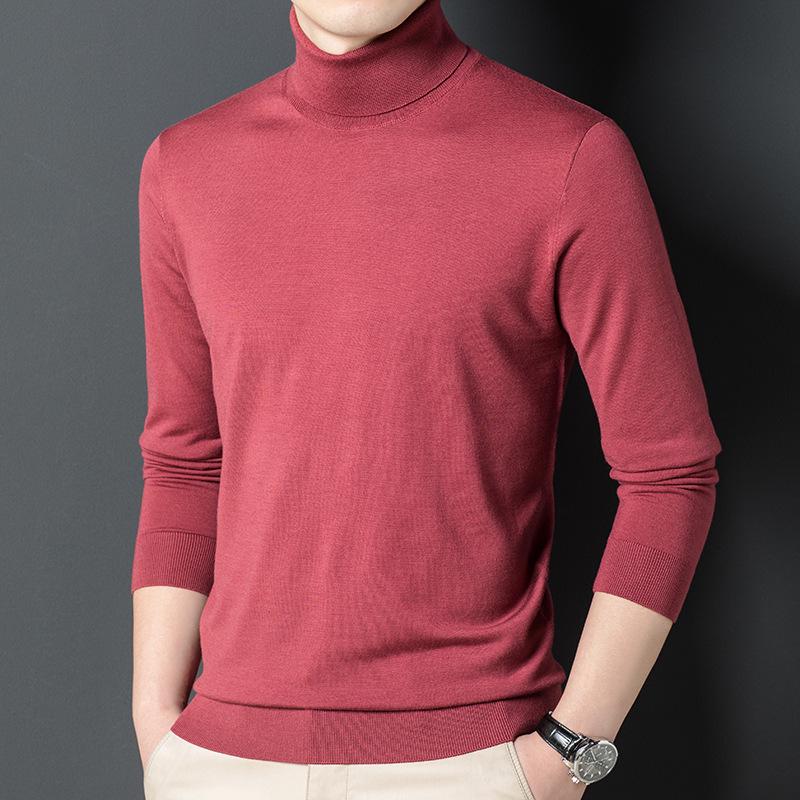 Men's Machine Washable Merino Wool High Neck Sweater, Solid Color, Double Folded Collar, Knitwear for Middle-Aged Dads, Base Layer