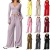 Women's 3-Piece Athleisure Set Adjustable V-Neck Top and Wide Leg Pants for Casual Daily Wear