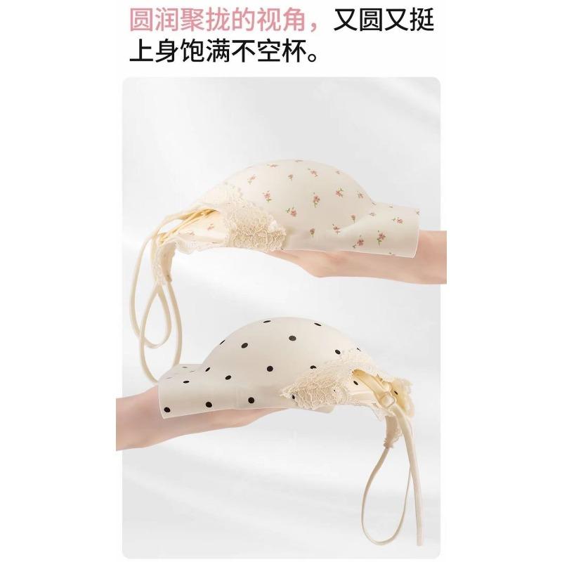 Pink Cute Lace Wireless Fixed Cup Bra For Small Chest Push Up