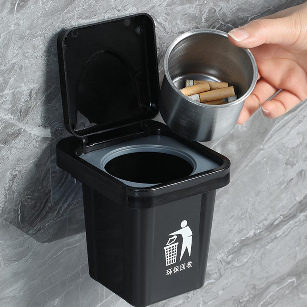 Stainless Steel Wall-hanging Ashtray With Lid Trash Can-shaped Bathroom Living Room Fly Ash-proof Punch-free Bathroom Decoration