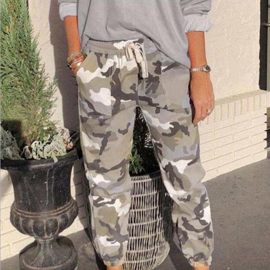 Women Pants Camouflage Print Pockets Elastic Waist Full Length Casual Loose Women