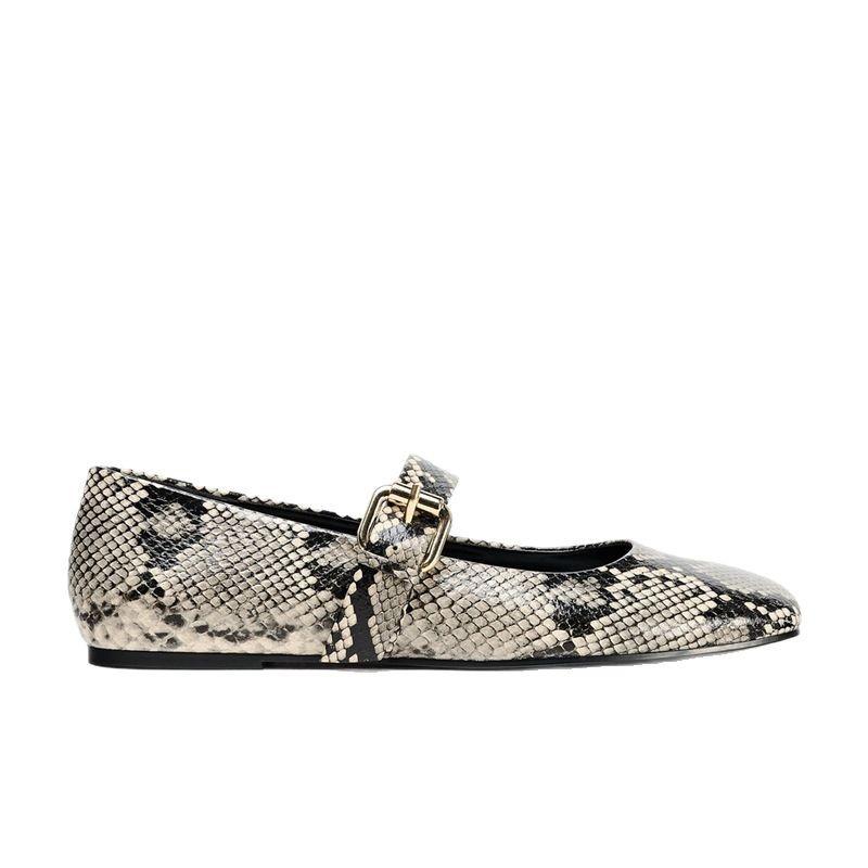 American Style Flat Shoes Women Spring and Autumn New Fashion Square Head Snake Print Line with Mary Jane Single Sh