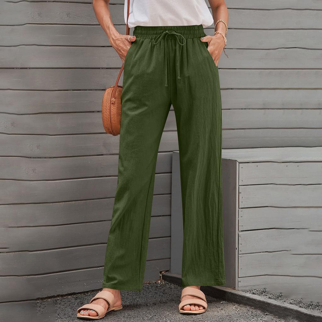 Pantaloni Casual Larghi in Cotone e Lino da Donna alla Moda con Coulisse, Vita Elastica e Tasche
