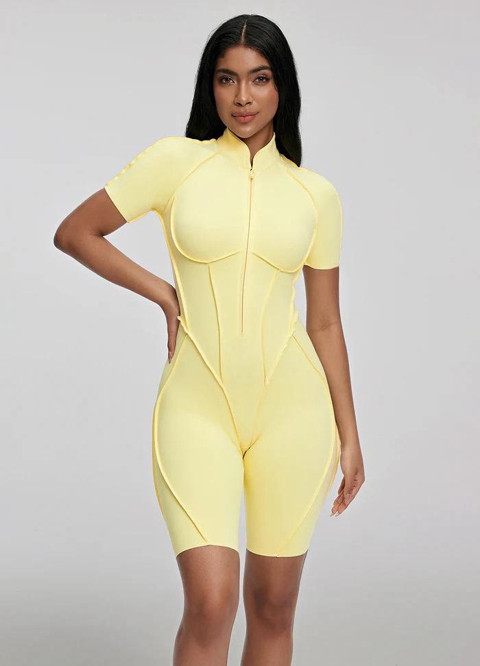 High-End Comfort Sports Yoga Tight-Fit Zipper Short Sleeve Jumpsuit