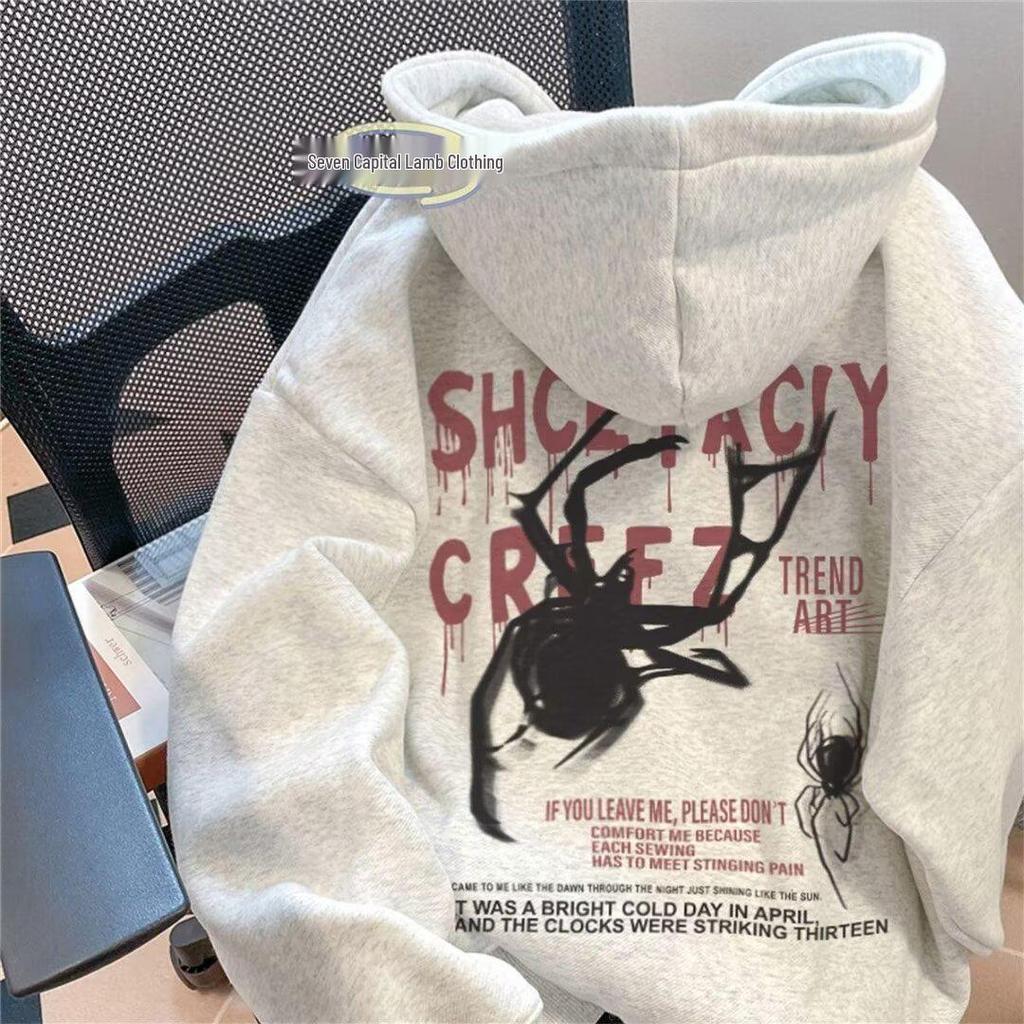 Men's Trendy Spider Print Velvet Hoodie - Autumn/Winter Loose Fit, High-End Feel, Couple's Outerwear.