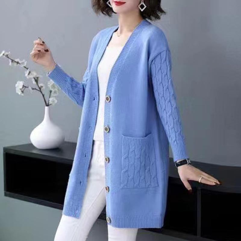 Women's Solid Color Knit Cardigan - V-Neck Mid-Length, Loose Fit Sweater for Spring & Autumn