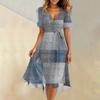 Women's Summer Fashion V-Neck Flared Dress Short Sleeve Striped Geometric Dresses
