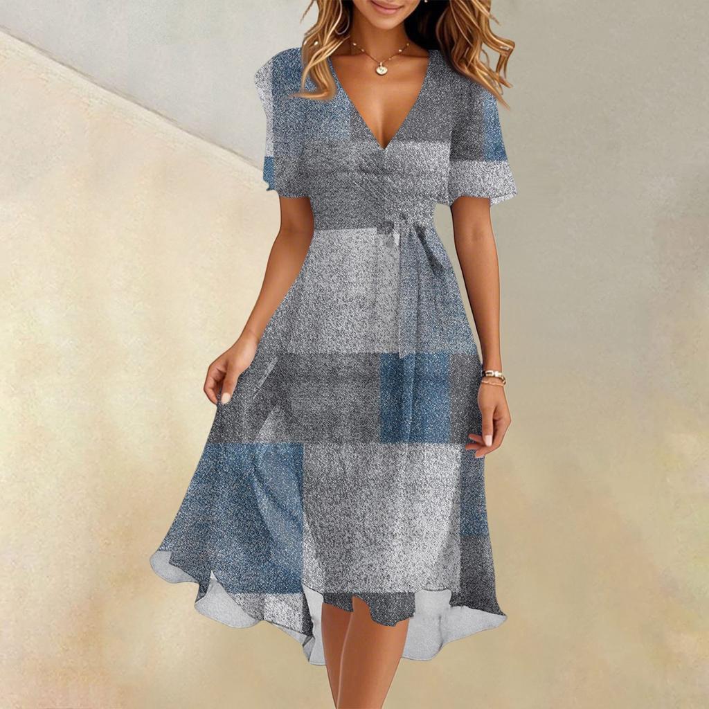 Women's Summer Fashion V-Neck Flared Dress Short Sleeve Striped Geometric Dresses