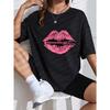 Camiseta Casual Blanca Rosa Labios Estampado con Cremallera para Uso Diario y Atuendos de Moda