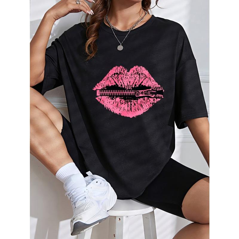 Camiseta Casual Blanca Rosa Labios Estampado con Cremallera para Uso Diario y Atuendos de Moda