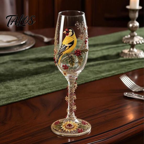 Holiday Party Drinkware Hand-painted Wine Glass, Bird And Floral Pattern Design Stem Goblet, Elegant Stemware for Home Artistic Crystal Borosilicate
