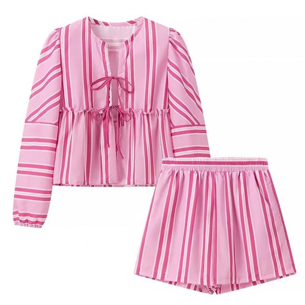 Комплект из 2 предметов Женский топ и короткие брюки Комплект Полосатый принт Шнуровка Бант Оборка Длинные рукава-фонарики Плиссированный Вырез Эластичный Высокая талия S