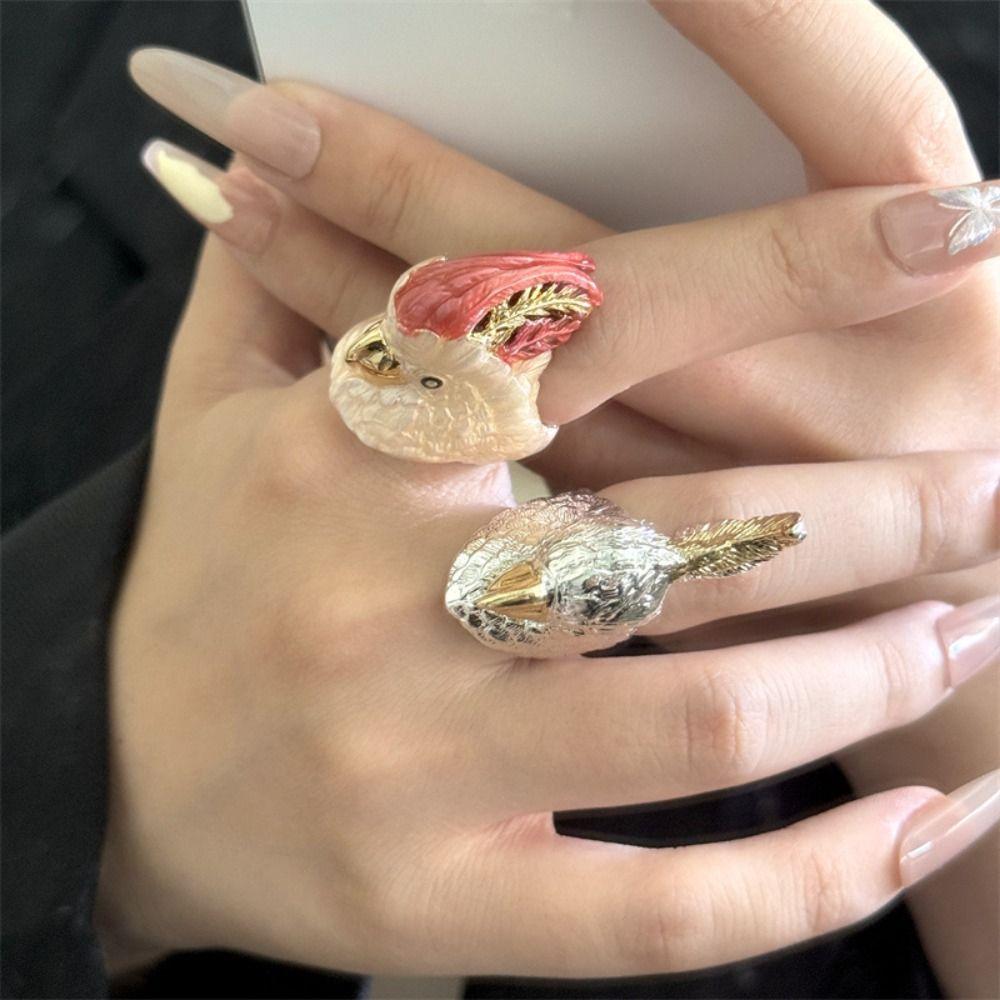 Geometric Exaggerated Ring Minority Design Chunky Enamel Ring Parrot Drip Oil Ring  Decoration