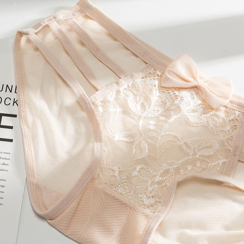 Ladies Spring and Summer Lace Bow Hollow Thin Belt Breathable Cotton Crotch Low Waist Triangle Briefs