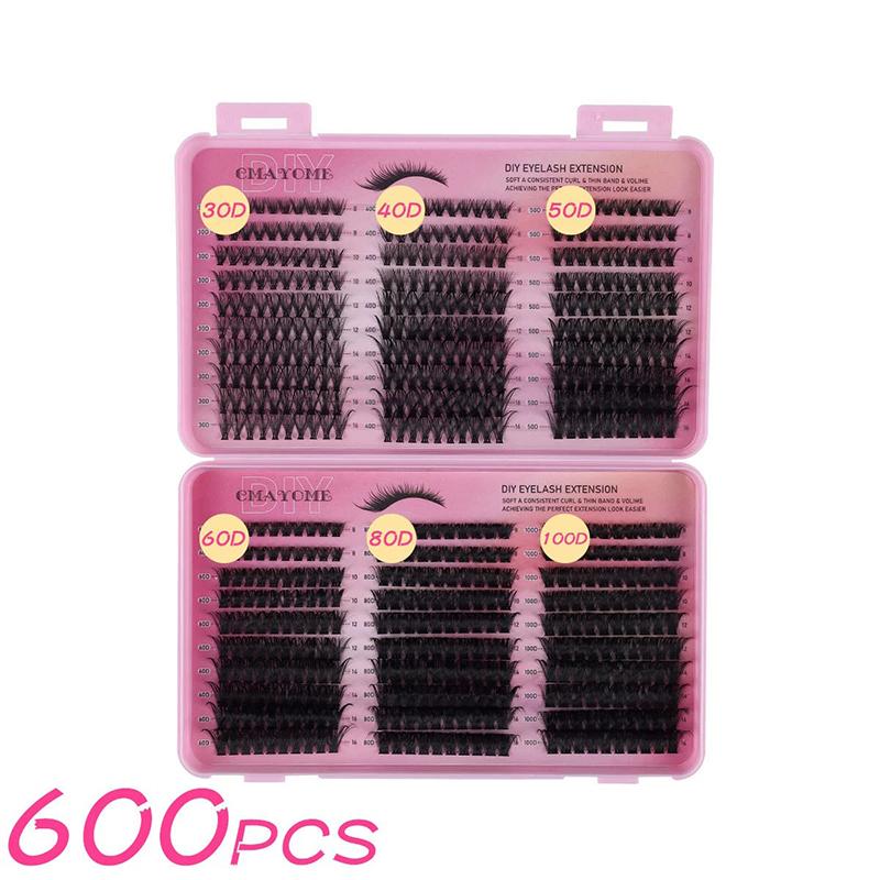600pcs Individual Eyelash Extensions Thick Fluffy 30D/100D Mix Length DIY Cluster Lashes For Easy Application And Removal A
