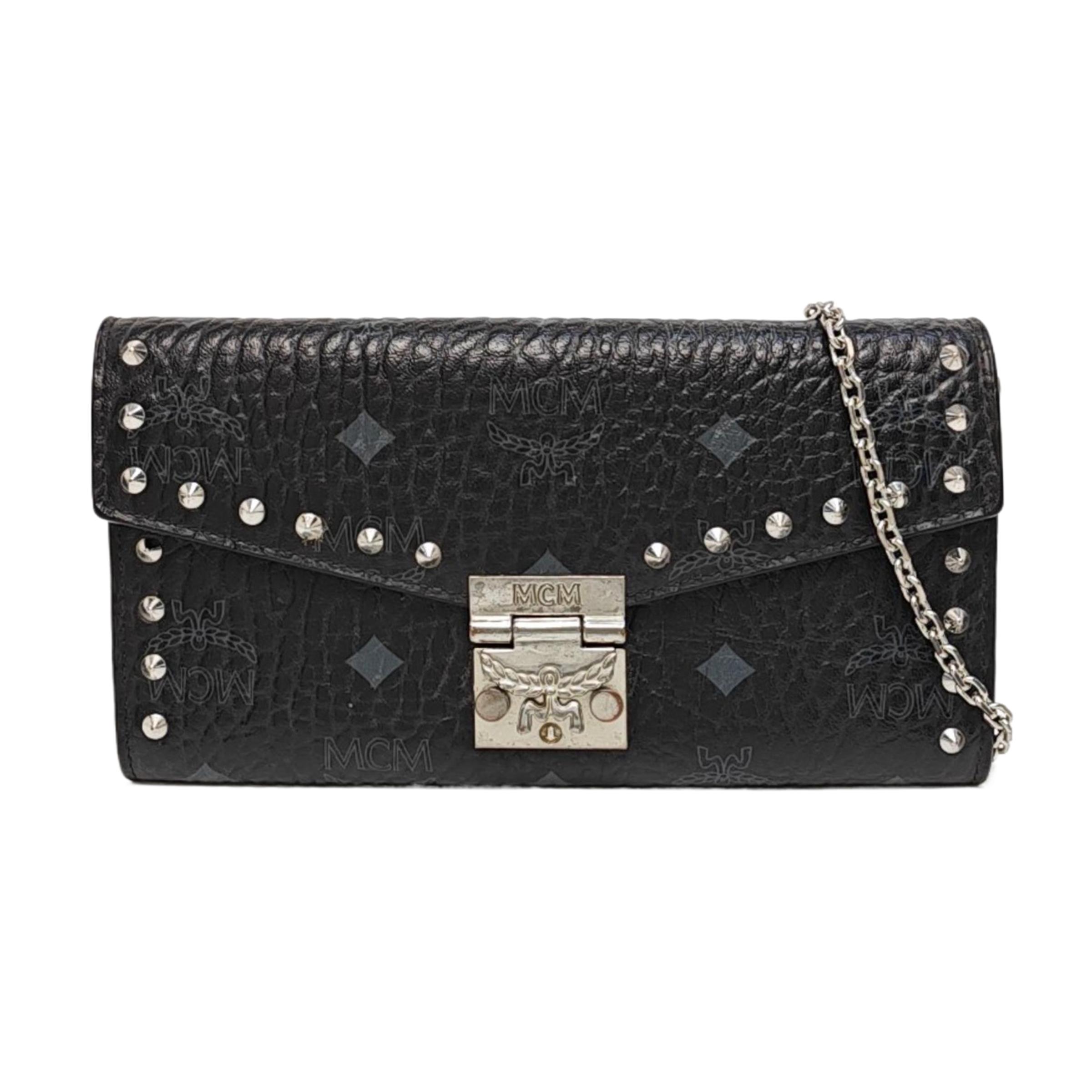 [Pre-Owned] Studded Detachable Chain Artificial Leather Wallet Shoulder Crossbody Bag Large - Very Good #268FYD ONE SIZE