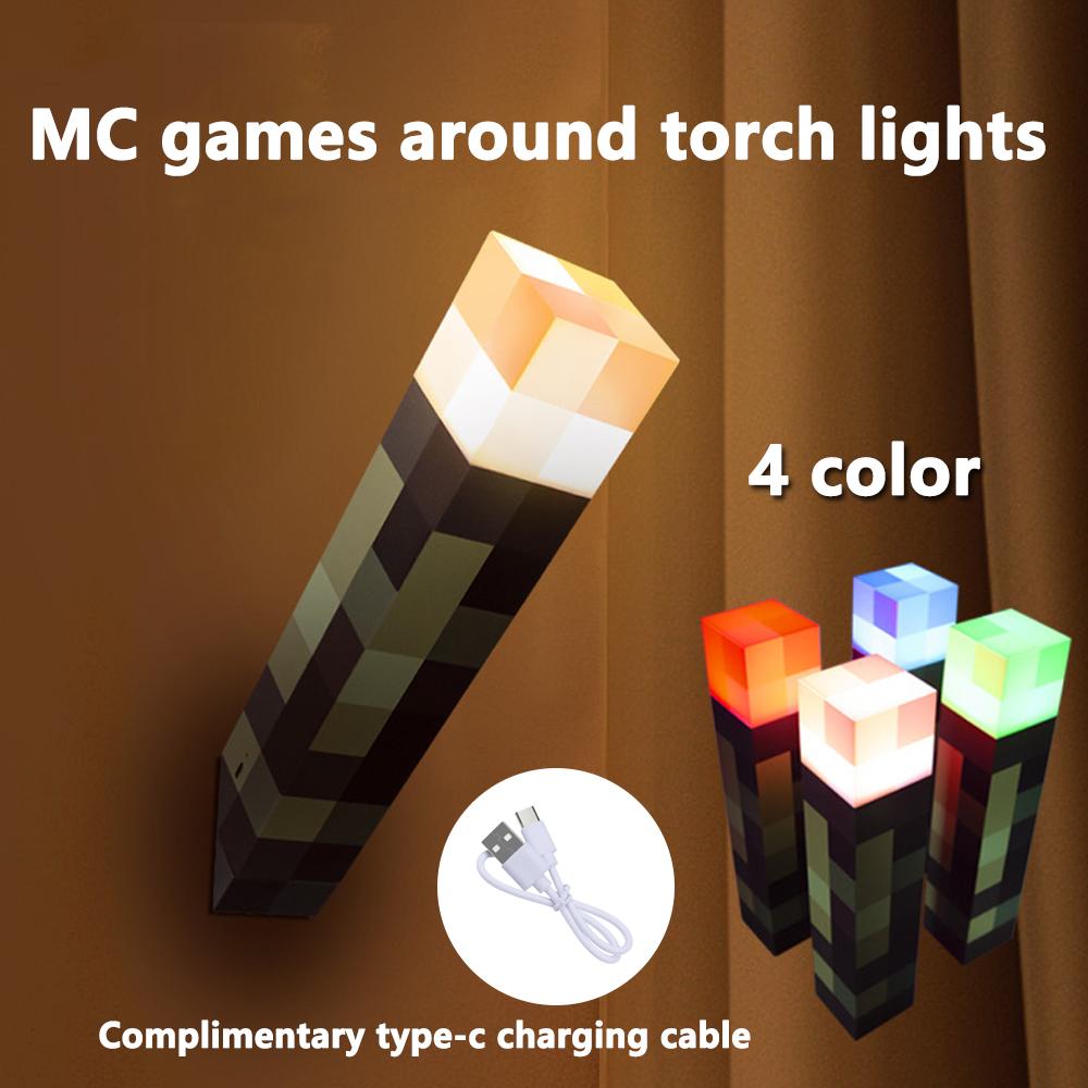 MC Game Torch Light Brownstone LED Night Light USB Rechargeable Bedroom Decoration Table Lamp Gifts Lamp for Kids Bedside Lamp